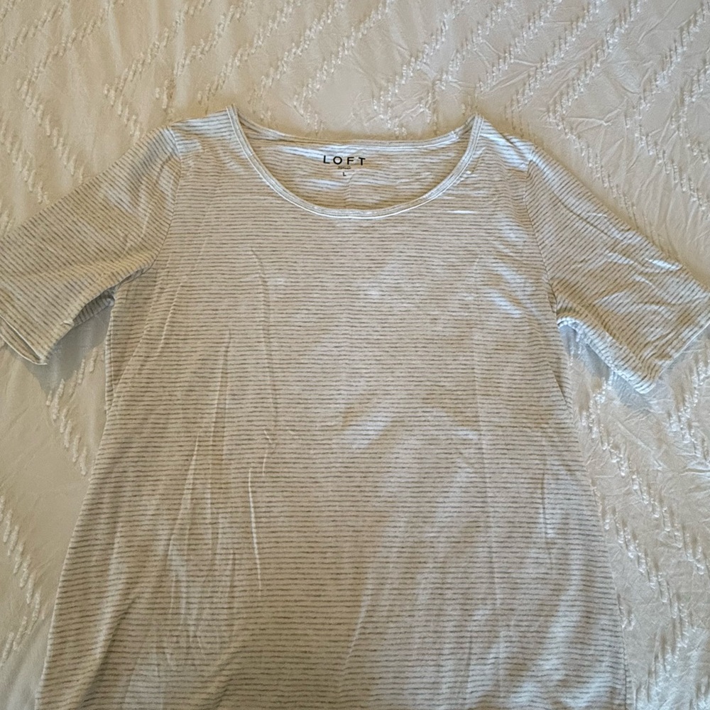 LOFT Cream and Gray Striped Tee